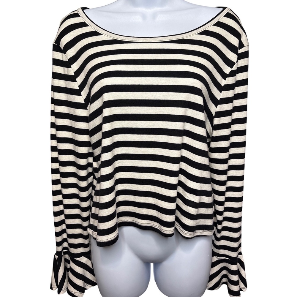 MAEVE x ANTHROPOLOGIE Black White Striped Bell Sleeve Top Sz LP French Girl Chic